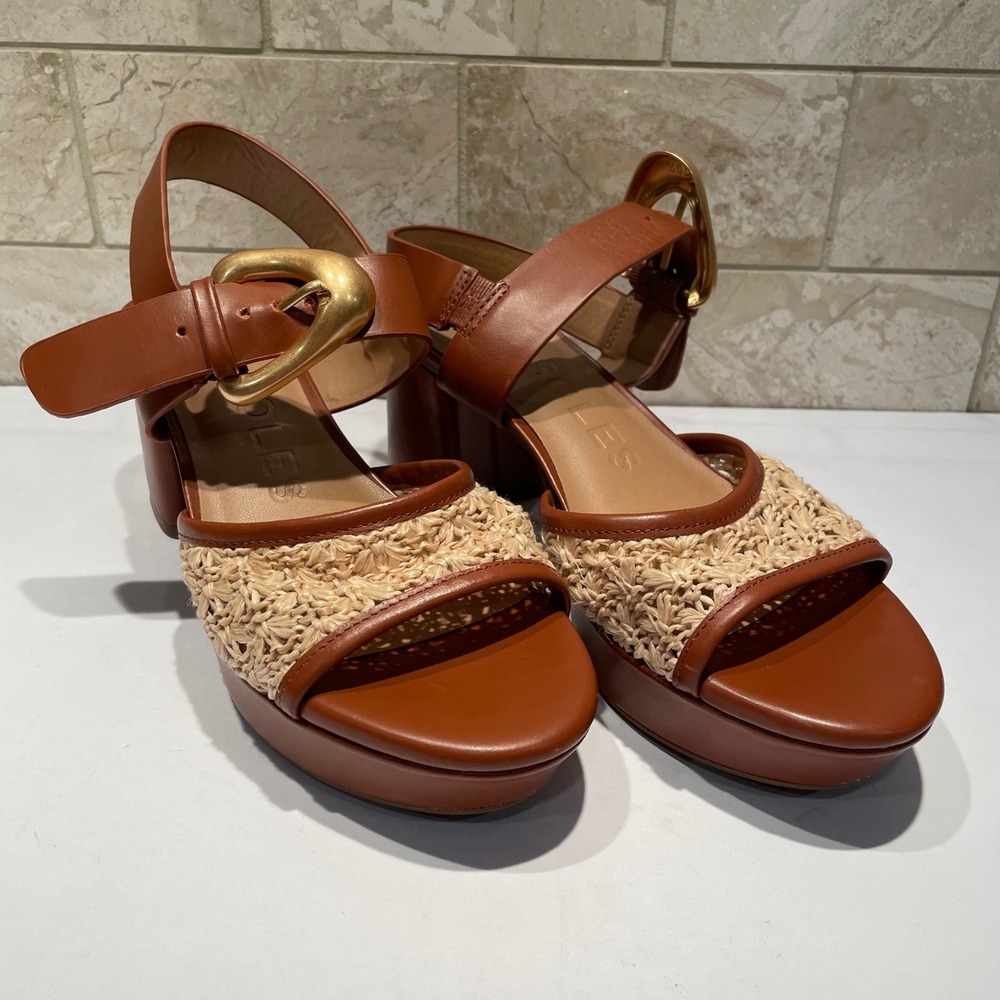 Aerosoles Womens Tan Leather Raffia Platform Sandals Chunky Block Heel‎ Size 6